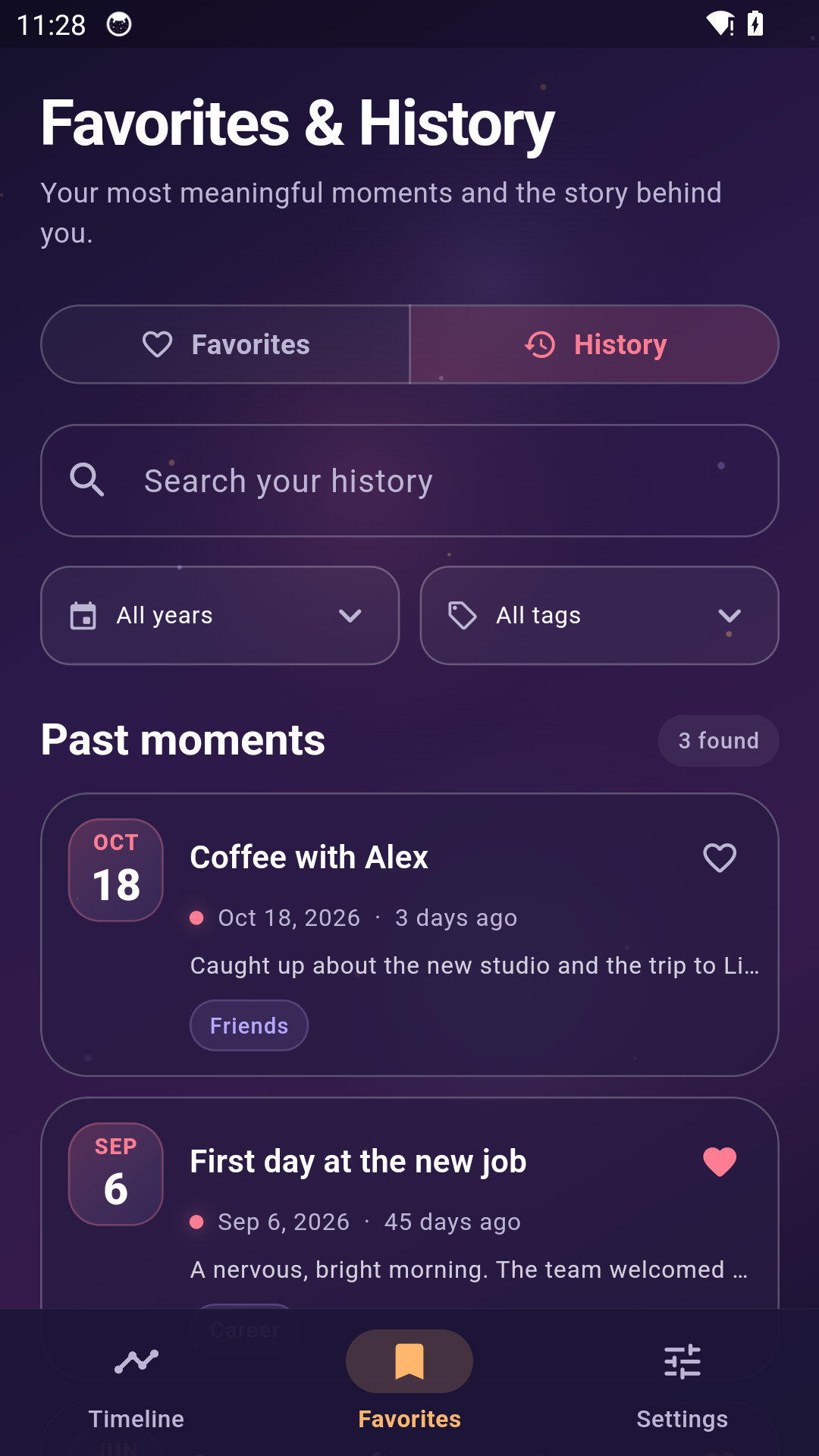 Event Chronicle history screen